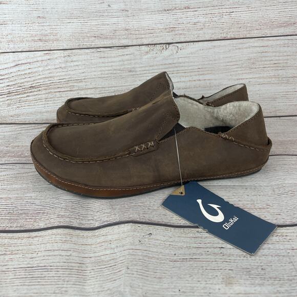 OluKai Moloā Mens Sz 8 Slippers Dark Wood Brown Leather Nubuck Shearling Lining